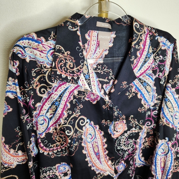 Chicos 3 Long Sleeve Button Front Shirt Paisley Print Navy Womens Size XL - Picture 2 of 6